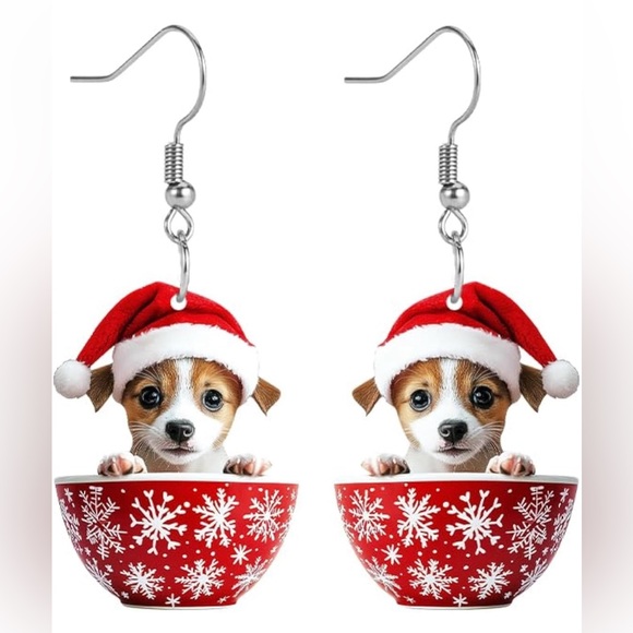 Festive Dog in Santa Hat in a Cup Earrings NIP - Picture 2 of 8